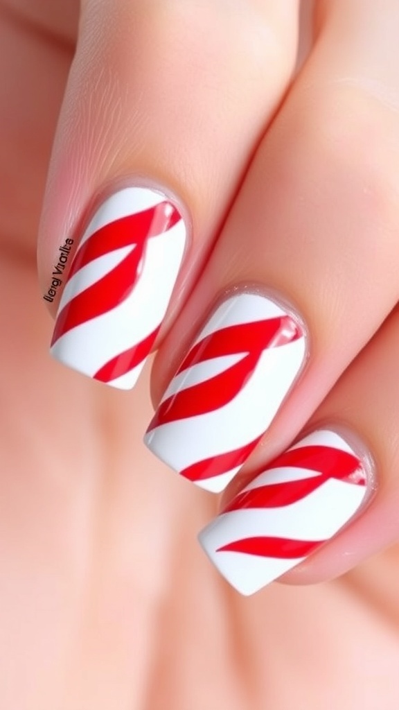 Candy cane nail art with red and white stripes on manicured nails.